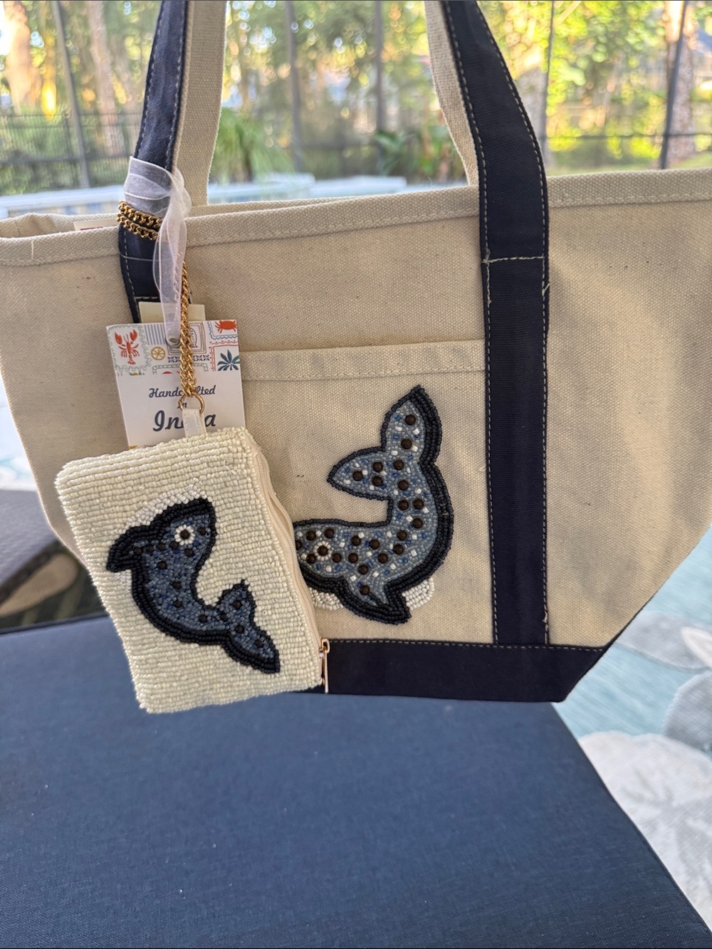 Canvas Tote with Navy Trim and Whale Patch - Cream/Navy